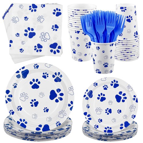 Kochorie 144 Pieces Blue Paw Print Party Tableware Sets Including Disposable Plates Napkins Cups Forks Serves 24 for Dog Puppy Theme Party Supplies