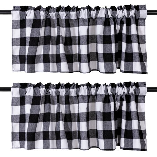Jola's House 2 Pack Buffalo Check Plaid Window Valances White and Black Light Filtering Farmhouse Design Window Curtains Decor Treatment Rod Pocket Drapes for Kitchen/Living Room 56" x 16"