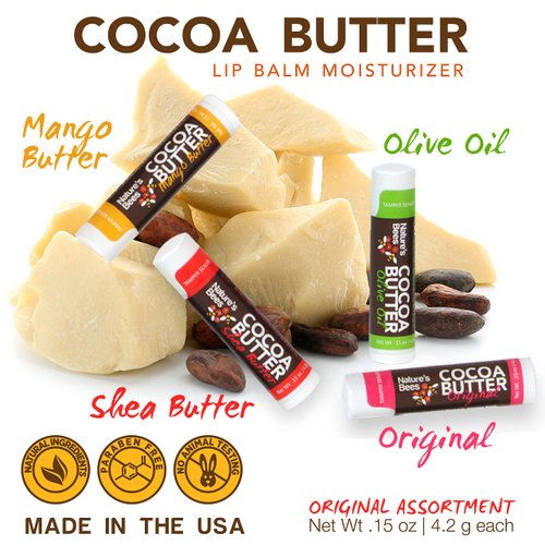 Nature's Bees, Cocoa Butter Lip Balms, Lip Moisturizer Treatment - Pack of 72, (Original Variety Assortments - Original, Olive Oil, Mango Butter, Shea Butter)