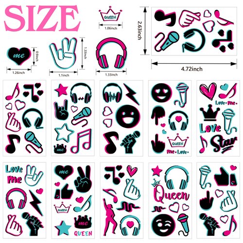 Konsait Glow in The Dark Temporary Tattoos for Kids Adults,10 Sheet Neon Music Party Body Face Tattoos Waterproof Fake Tattoos Stickers for Boys Girls Women Birthday Gifts Glow Party Favor Supplies