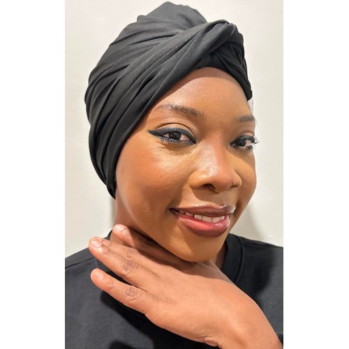 SWIG Swim Turban - Black, Waterproof, Non-Slip, Snug Easy Grab n You Go, Chlorine, Saltwater, UV Defense, Natural Hair Protection Silicone Cap & Bonus Waterproof Travel Tote Beach Bag w/Strap Buckle