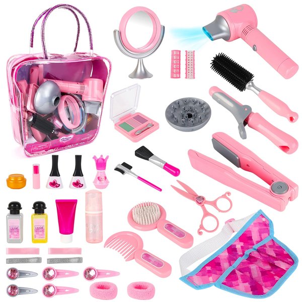 deAO Girls Beauty Salon Set 35pcs Kids Pretend Play Makeup Sets with Hairdryer, Mirror, Curling Iron and Other Accessories Kids Toddler Fashion Cutting Makeup Party Favor (Fake Makeup)