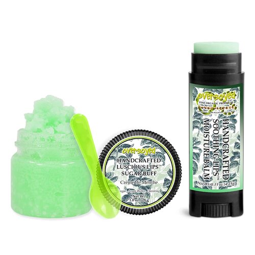 Crème de Menthe Soothing & Luscious Lips by OverSoyed Exfoliator & Chapped Lip Repair Lip Care Combo | Artisan Handcrafted to Order Mint Creamy Vanilla Flavored Exfoliating Sugar Lip Scrub & Lip Moisturizer Balm Gift Set