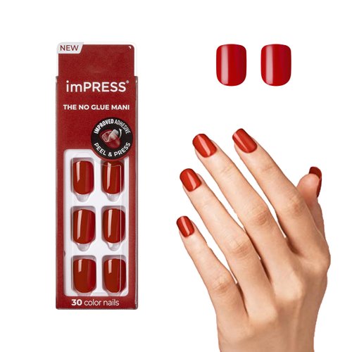 KISS imPRESS No Glue Mani Press On Nails, Color, 'Reddy or Not', Red, Short Size, Squoval Shape, Includes 30 Nails, Prep Pad, Instructions Sheet, 1 Manicure Stick, 1 Mini File