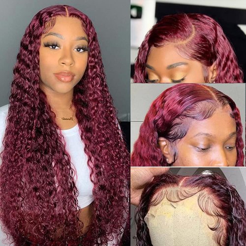 BOSDIOS 99J Burgundy Lace Front Wigs Human Hair 13x6 Deep Wave Lace Frontal Wig Human Hair for Black Women Red Water Curly Wave Wigs 180% Density Glueless Pre Plucked with Baby Hair(22inch)