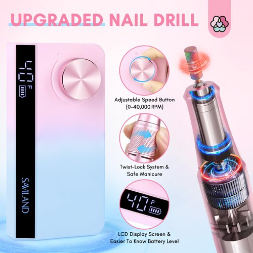 SAVILAND Portable Nail Drill Professional: 40000 RPM Upgrad E File 2024 Digital Pro Electric Cordless Fast Remover Anti-Shaking | Manicurist Nail Salon Superior Compactible for Acrylic Nails
