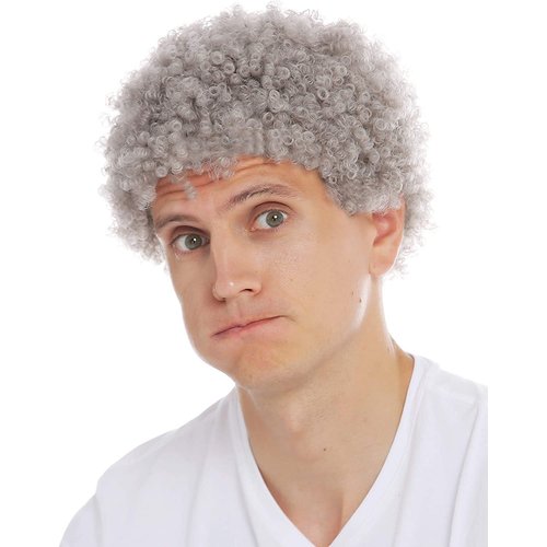 Wiwige Grey Afro Wig for Men Short Curly Halloween Disco Rock Wig Heat Resistant Synthetic Wigs with Wig Cap