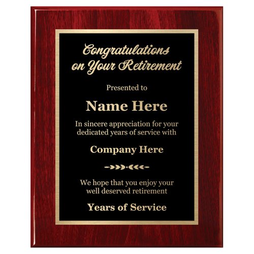 Customized Retirement Plaque 8x10 Executive Series, Personalized Award for Employees, Mahogany Piano Wood Board, Customize Now!