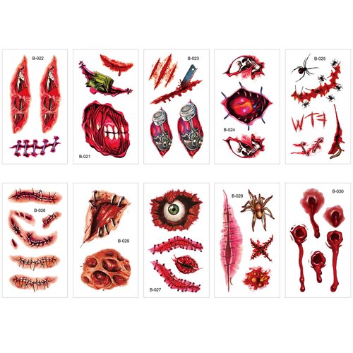 10 Pcs 2023 New Waterproof Realistic Fake Face Blood Wound Stitch Tattoo Sticker, Halloween Face Temporary Tattoos Stitches Tattoo Sticker Prank Props for Halloween Cosplay Party (C）