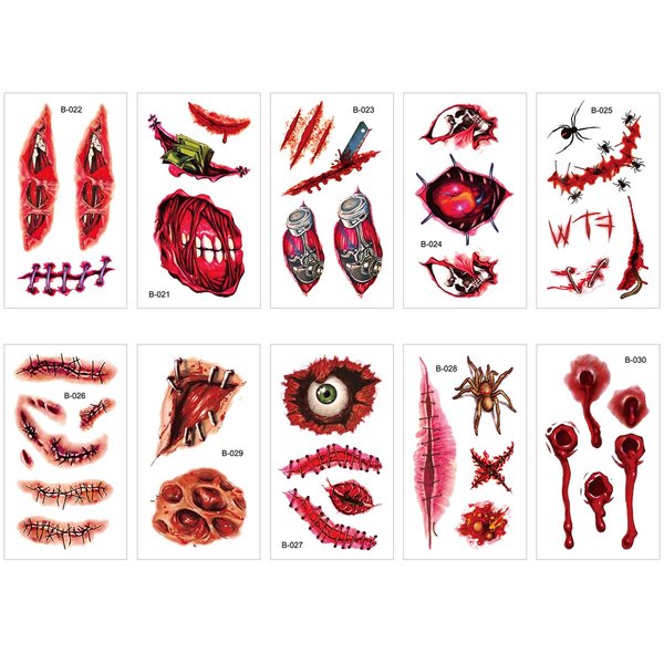 10 Pcs 2023 New Waterproof Realistic Fake Face Blood Wound Stitch Tattoo Sticker, Halloween Face Temporary Tattoos Stitches Tattoo Sticker Prank Props for Halloween Cosplay Party (C）