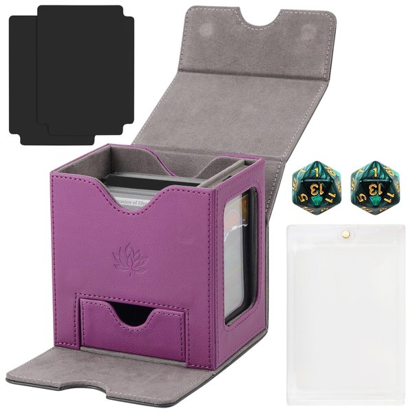 Premium PU Leather Trading Card Deck Box, Card Storage Box with 2 Dividers and 2 Dice, Card Deck Box Fits 120+ Sleeved Cards, Stylish, Durable, and Versatile Card Storage Solution (Black＆Purple)