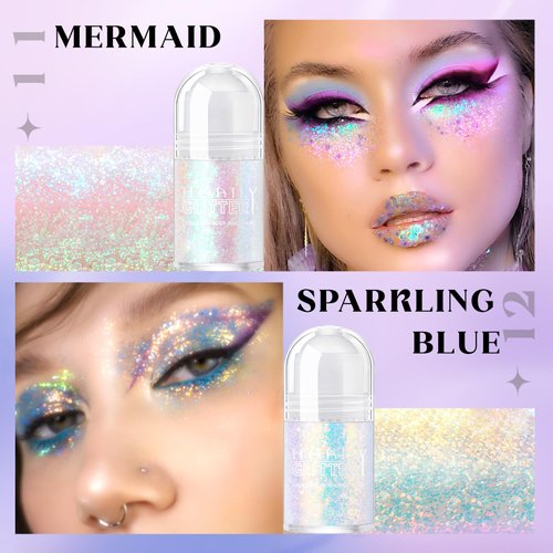 HOSAILY 2 Colors Roll-on Body Glitter Gel, Holographic Glitter Gel Under Light for Body, Hair, Face, Body Shimmer Hair Glitter Gel for Rave Accessories Christmas New Year Halloween Makeup (11+12)