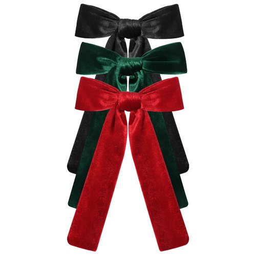 CEELGON 3 PCS Long Tail Velvet Hair Bows Hair Bow Set for Toddler Girls Long Ponytail Knot Bows Alligator Clip Hair Accessories for Girls and Women (Red, Green, Black)