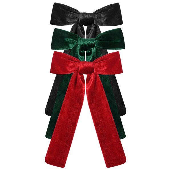 CEELGON 3 PCS Long Tail Velvet Hair Bows Hair Bow Set for Toddler Girls Long Ponytail Knot Bows Alligator Clip Hair Accessories for Girls and Women (Red, Green, Black)
