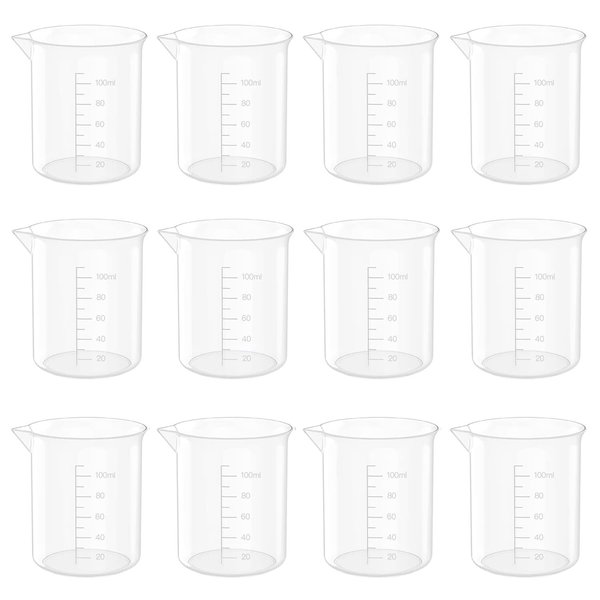 12 Pcs 3.4 Oz Transparent Lab Measuring Cup, 100ml Plastic Beaker Cups, for Science Experiment, Liquid Measuring