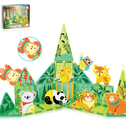 PicassoTiles Magnet Tile Building Blocks Forest Animal Themed Playset with 8 Character Action Figures Educational STEM Learning Construction Kit Pretend Play Magnetic Tiles Toddler Kids Ages 3+ PTQ26