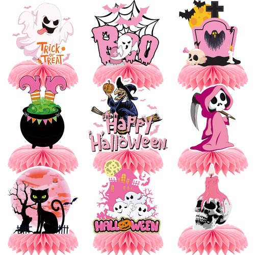 9pcs Halloween Decorations Honeycomb Centerpieces - Halloween Table Decorations Pink Halloween Table Toppers for Halloween Party, Trick-or-Treat, and Haunted House Decor