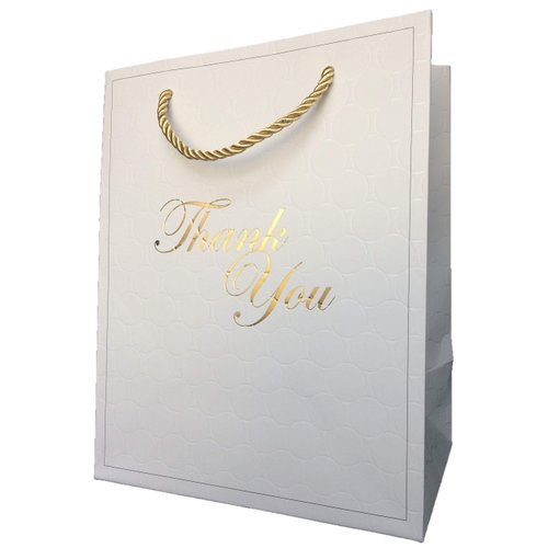 MODEENI 8x10 Pure White Thank You Gift Bags with Gold Foil Handles - 12 Bags - Medium Size 8x5x10 - Luxury Paper Shopping Boutique Bags with Matte Embossed Finish