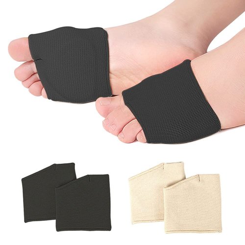 Metatarsal Pads, [2 Pairs] Foot Cushions Sleeve, Forefoot Gel Pad Half Sock Foot Support for Prevent Calluses Blisters Pain Relief (Black+Beige, L (Pair))
