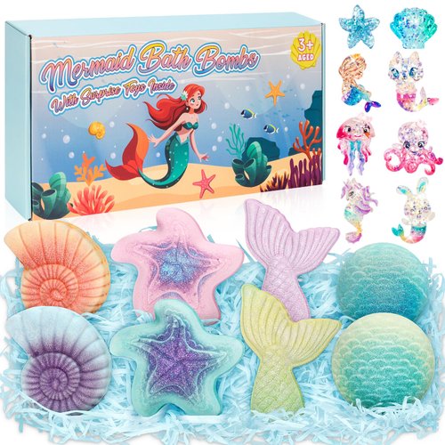 Mermaid Bath Bombs for Kids with Surprise Toys Inside, 8 Pcs Organic Natural Bubble Bath Bombs for Girls,Christmas Birthday Gift for 3 4 5 6 7 8 Year Old Girl,Princess Bath Bomb Kit with Mermaid Toys
