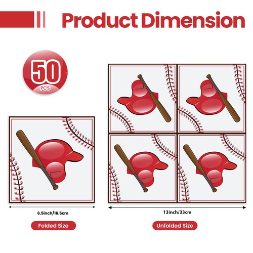 HFBOBP 50PCS Baseball Paper Napkins 13 x 13 Inches Luncheon Napkins Cocktail Napkins Disposable Sports Theme Decorations for Kids Baby Shower,Birthday Party,Baseball Theme Party Supplies