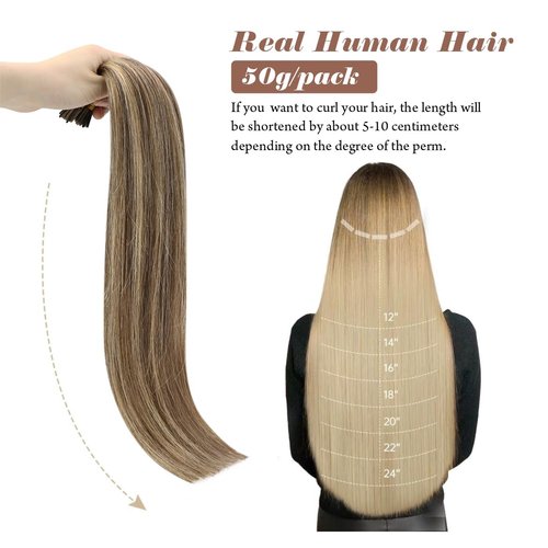 Sunny Itips Human Hair Extensions Brown 80S Itip Hair Extensions Real Human Hair Dark Brown Highlight Caramel Blonde Cold Fusion I Tip Natural Hair Extensions Highlight Hair for Women 16inch 50G