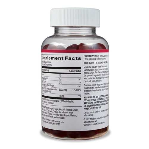 Amazon Basics Vitamin B12 3000 mcg Gummies, Normal Energy Production and Metabolism, Immune System Support, Raspberry, 100 Count (2 per serving) (Previously Solimo)