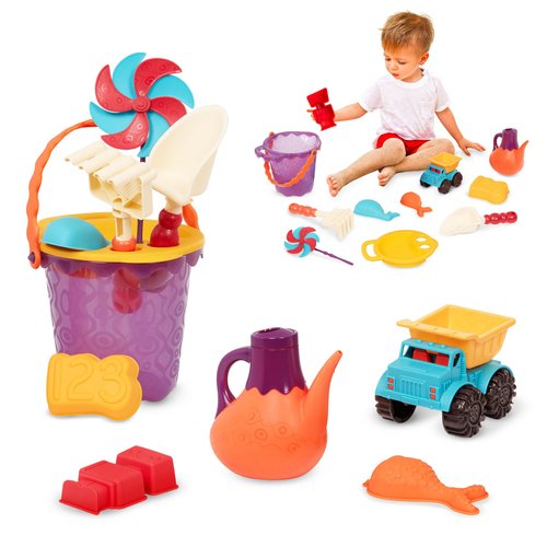 B. toys – B. Ready Beach Bag –Water Play- Beach Tote with Mesh Panel and 11 Funky Sand Toys – 18 m+, Purple Bucket
