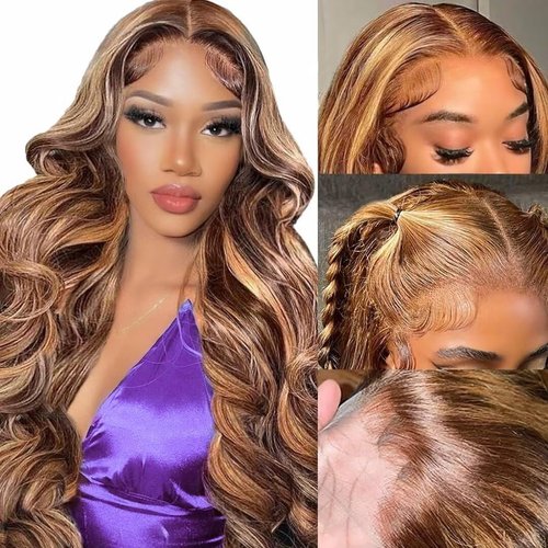 studyy Highlight Ombre 360 Body Wave Lace Front Wigs Human Hair Pre Plucked with Baby Hair Honey Blonde 360 HD Lace Frontal Wigs Human Hair Full Lace for Women 20inch