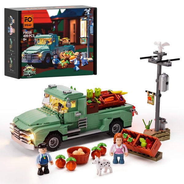 FUNWHOLE Retro Farm Truck LED Light Building Model Set - 499 Pcs Construction Bricks for Adults and Teens