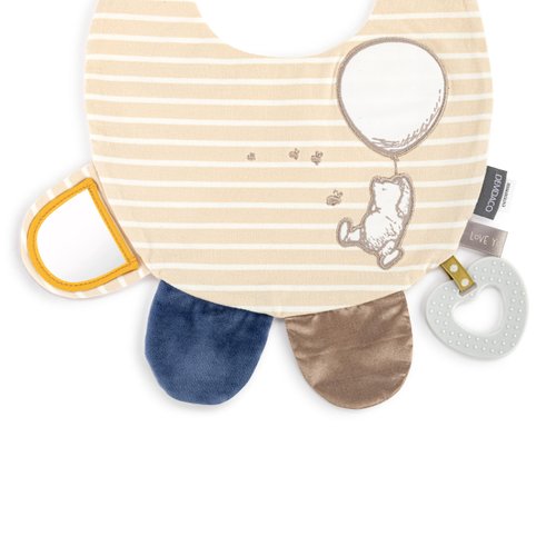 DEMDACO Mommy & Me 11.5 x 10 Inch Textured Fabric, Tactile, Teething Ring, Feeding, Activity Bib, Tan and White, Pooh Classic Yellow Bear