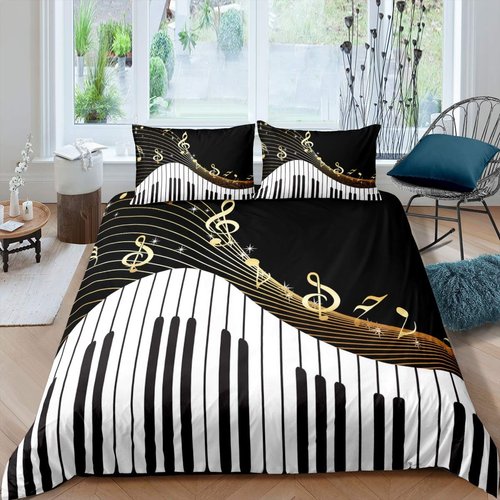 Piano Pattern Comforter Cover Classic Music Themed Bedding Set for Boys Girls Children Musical Pattern Duvet Cover Geometric Stripe Room Decor Full Size Quilt Cover 3Pcs