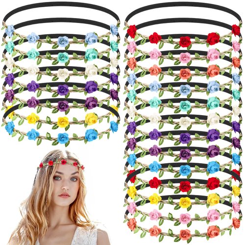 Chuangdi 50 Pcs Multicolor Flower Headband, Floral Crowns Wreath Garland, Bohemian Fairy Ribbon Hair Band for Girl Women, Wedding, Vacation, Party, Daily Wear