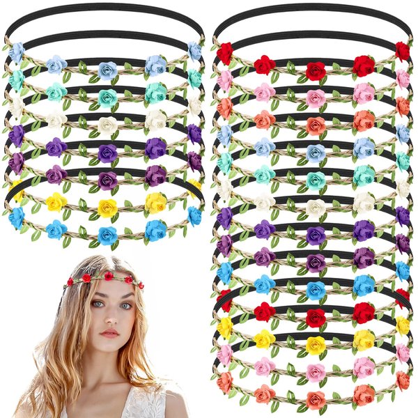 Chuangdi 50 Pcs Multicolor Flower Headband, Floral Crowns Wreath Garland, Bohemian Fairy Ribbon Hair Band for Girl Women, Wedding, Vacation, Party, Daily Wear