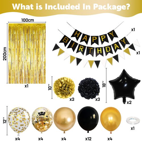 Black and Gold Birthday Decorations, Gold Black Foil Confetti Birthday Balloons Black Foil Balloon Happy Birthday Banner Pom Poms Gold Fringe Curtain for Men Women Birthday Party Decoration Supplies