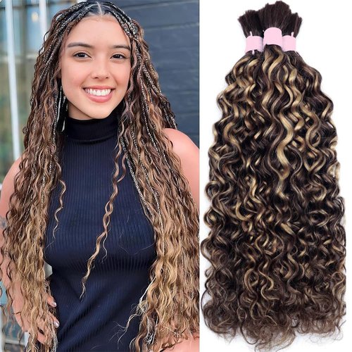 Lucasar Water Bulk Human Hair for Braiding 100g (One Bundle/Pack) No Weft 100% Unprocessed Brazilian Virgin Human Hair Extensions Micro Braiding Human Hair Wet and Wavy (18 inch, P4/27)