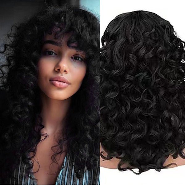 CanLux Curly Wigs with Bangs Long Glueless Synthetic Wig 22 inch Black Curly Wig for Black Women and White Women Heat Resistant