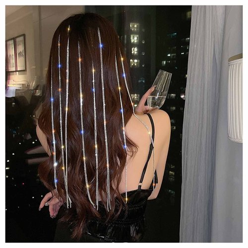 Vacaonio Silver Rhinestone Hair Chain Cllip Bling Crystal Hair Chain headwead Long Crystal Tassel Hair Clip Chain Punk Ponytail Multi Strand Head Chain Decorative Hair Accessory for Women 1Pcs