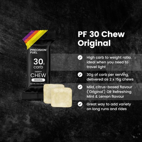 Precision Fuel PF 30 Chew Energy Chews - Carbohydrate Fuel for Endurance, Lightweight & Portable, 30g Carbs - Ideal for Long Runs, Rides & Workouts - Original Flavour (4 Chews)