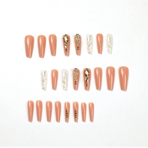 Hkanlre Marble Press on Nails French Long Brown Fake Coffin Nails Ballerina Tips Full Cover Luxury False Rhinestones Nails for Women and Girls 24PCS