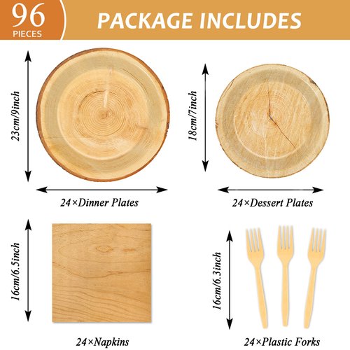 Wiooffen 96 PCS Brown Paper Tableware Set - Rustic Wood Tree Party Supplies for 24 Guests, Includes Plates, Forks, Napkins for Camping, Hunting Theme