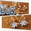Foyte Crystal Leaf Wedding Hair Comb and Hair Pins Blue Flower Headpiece Rhinestone Gold Hair Piece Bride Pearl Hair Accessories Set for Women