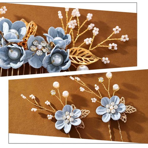 Foyte Crystal Leaf Wedding Hair Comb and Hair Pins Blue Flower Headpiece Rhinestone Gold Hair Piece Bride Pearl Hair Accessories Set for Women