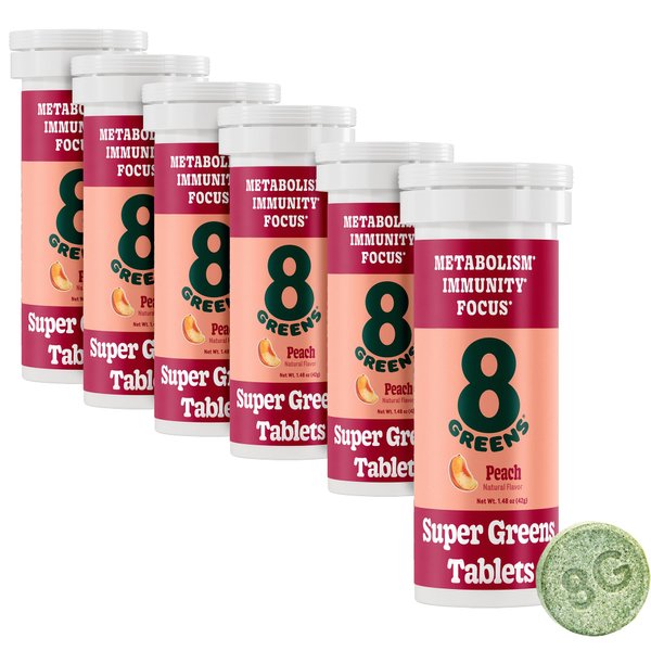 8Greens Supergreens Tablets | Super Greens Powder Superfood Tablet, Metabolism Immunity & Focus, Daily Greens Effervescent Tablets, Organic: Aloe Vera, Spirulina, Chlorella, Peach, 60 Servings