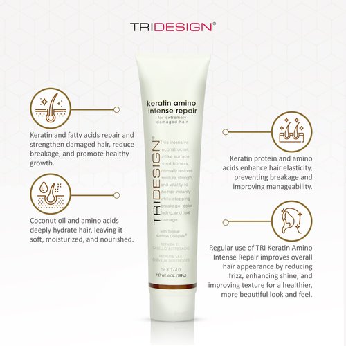 TRI Keratin Amino Intense Repair - Hair Treatment Intensive Conditioner with Fatty & Amino Acids, Coconut Oil, and Hydrolyzed Keratin Protein, Moisturizing Deep Conditioner - 6 Fluid Ounce