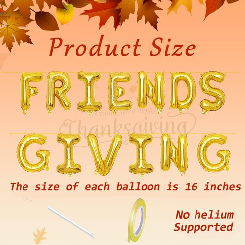 16 Inches FRIENDSGIVING Balloons Hanging Banner Decorations, Aluminum Foil Letter Balloons for Friendsgiving, Thanksgiving Day, Autumn, Fall Celebration Party Supplies (Gold)