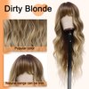 Blonde Wig with Bangs Long Curly Wigs for Women 26 Inch Dirty Blonde Curly Wavy Wigs with Dark Roots Synthetic Heat Resistant Curly Wig for Daily Party Use