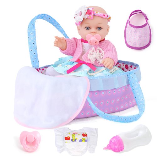 UZIDBTO Realistic Baby Dolls 12 Inch Girl Baby Doll with Accessories and Clothes Includes Blanket,Carrier Bassinet Bed,Pacifier,Feeding Bottles Newborn Nursery Toys for Toddlers 3 Ages and Up