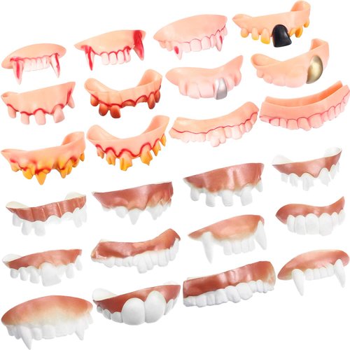 Boao 24 Pieces Prank Fake Teeth Vampire Teeth Halloween Gnarly Teeth Gag Teeth Ugly Teeth Joke Te...