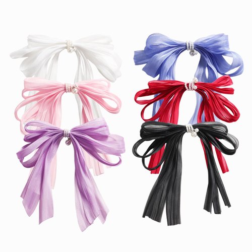 Raisey 6 Pcs Multicolor Shiny Satin Hair Bow Barrettes and Ribbon Hair Clips with Tails for Women...